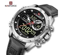(Silver And Black, 260mm) Naviforce NF9208 Dual Display Quartz Analog LCD Digital Men's Watch Leather Strap