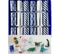 Silver and Blue Christmas Crackers containing glass animal figurines, Set of 6 Selection of box of large