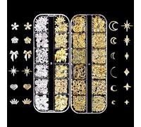 Silver and Gold 3D Nail Charms with Star, Moon, Heart and Bow Designs - Premium Flat Back Rhinestones and Gems for DIY Nail Art and Jewelry Making Decorations in 2 Storage Boxes