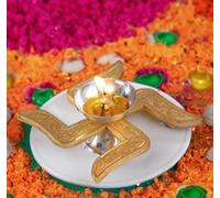 Silver and Gold Plated Brass Swastik Diya 4 Inches in Jewelry Box, Indian Wedding Gift, Decorative Diya, Return Gift | Traditional Indian Oil Lamp | Home Decor | Ideal Gift - Pack of 1