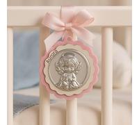 Silver Angel Capoculla Medallion Perfect as a Birth Gift or Christening Gift to Hang on the Crib, Stroller or in the Nursery with Personalised Name (Pink)