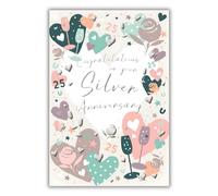Silver Anniversary Card - 25th - 25 Years - Floral Love Heart Design - Special Finishes and Illustrated Insert Leaf - Made in the UK - Eco-Friendly