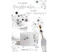 Silver Anniversary Card for Daughter and Son-in-Law, Champagne and Stars Design, 15 x 23 cm
