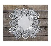 Silver Antique Jacquard Peacock Tail Lace Doily, Place Mat, Table Centerpiece, Table Topper (14 Inch Square)