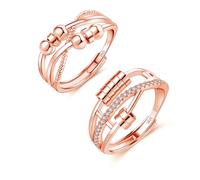 Silver Anxiety Ring, 925 Sterling Silver Fidget Ring for Anxiety Women, Adjustable Open Anti Anxiety Rings with Beads, Spinner Relief Ring with Zirconia, 2PCS Unisex Stress Rings for Man