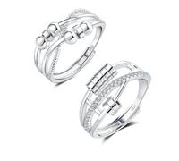 Silver Anxiety Ring, 925 Sterling Silver Fidget Ring for Anxiety Women, Adjustable Open Anti Anxiety Rings with Beads, Spinner Relief Ring with Zirconia, 2PCS Unisex Stress Rings for Man