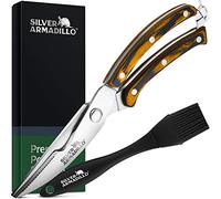 Silver Armadillo Heavy Duty Poultry Shears - Professional Stainless Steel Kitchen Scissors for Chicken, Meat, & Bone - Spring Loaded Food Shears with Ergonomic Brown Wooden Handle