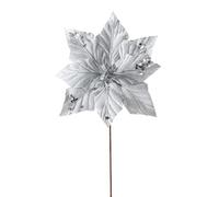 Silver Artificial Poinsettia Flower Pick - 28 cm with Glitter Tips and Stigma - Christmas Tree Decoration