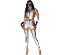 Silver Astronaut Costume Women's Spaceman Costume Women's Cosmonaut Costume with Bodysuit Belt and Gloves Space Suit 3-Piece Jumpsuit Space Galaxy Outfit for Halloween and Carnival