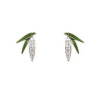 Silver Bamboo Leaf Stud Earrings for Women - Platinum Plated Green Enamel & Cubic Zirconia Design