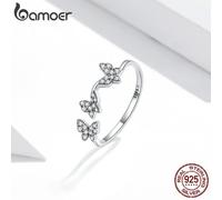 (silver) Bamoer 925 Sterling Silver Shine Cubic Zirconia Flying Butterfly Ring Women Adjustable Statement Rings
