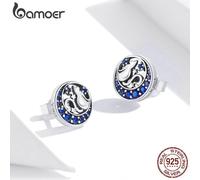 (silver) Bamoer Genuine 925 Sterling Silver Cat On The Moon Round Stud Earrings For Women Ear Pins Jewelry