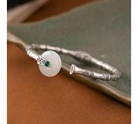 Silver Bangle for Women,S925 Silver Friendship Bracelets Bamboo Joint Vintage Hetian Jade Safety Buckle Open Cuff Bangle Classical Jewelry Gift for Women Mom Girlfriend