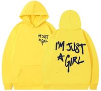 Silver Basic I'm Just a Girl Letter printed Oversized Hoodie Fashion drawstring long sleeved pullover Unisex Sweatshirt with pockets-Yellow-L1