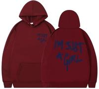 Silver Basic I'm Just a Girl Letter printed Oversized Hoodie Fashion drawstring long sleeved pullover Unisex Sweatshirt with pockets-WineRed-S1