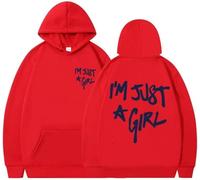 Silver Basic I'm Just a Girl Letter printed Oversized Hoodie Fashion drawstring long sleeved pullover Unisex Sweatshirt with pockets-Red-L1