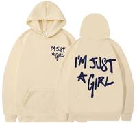 Silver Basic I'm Just a Girl Letter printed Oversized Hoodie Fashion drawstring long sleeved pullover Unisex Sweatshirt with pockets-Khaki-XS1