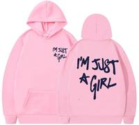 Silver Basic I'm Just a Girl Letter printed Oversized Hoodie Fashion drawstring long sleeved pullover Unisex Sweatshirt with pockets-Pink-XL1