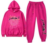 Silver Basic Men's Spider Tracksuit Spider Hoodie 555 and Pants Set Y2K Hoodie Spider Web Hoodie and Bottoms Sweatsuits XXL,Pink-2