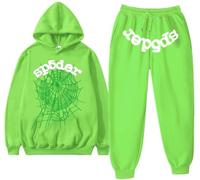 Silver Basic Men's Spider Tracksuit Spider Hoodie 555 and Pants Set Y2K Hoodie Spider Web Hoodie and Bottoms Sweatsuits L,Green-2