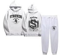 Silver Basic Stray Kids 5 Star Hoodie and Trousers Tracksuit for Teen Girls Kpop Music Support Sweatshirt Novelty Hoodie L,White-2