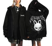 Silver Basic Unisex Oversize hooded sweatshirt Harajuku Printed stray kids Zip Up Hoodie Fashionable Sweatershirt Jacket-Black2-L1