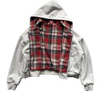 Silver Basic Unisex Sweatshirt Hoodies Checked Printed double-sided zip up hoodie Long Sleeve Casual Loose tops and winter hoodie-Red-L1