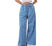 Silver Basic Women Summer Trousers Striped Low Rise Casual Loose Wide Leg Baggy Elasticated Fashionable Loose Pants-Blue-L1