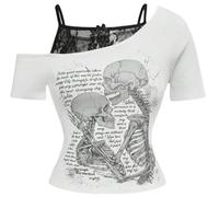 Silver Basic Womens Gothic T-Shirt Fashionable Printed Pattern Hip Hop Style T-Shirt Summer Trendy Top Set-WhiteBlack-S1