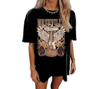 Silver Basic Womens Western Country T Shirts Oversized Y2K T Shirt Vintage Graphic Letter Prints Tshirt Summer Top 3XL,Black-1