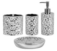 Silver Bathroom Accessories Set, 4 Piece Ceramic Bath Accessory Sets Complete, Diamond Soap Dispenser and Silver Toothbrush Holder Set for Bathroom Counter Sink, Farm Modern Bathroom Decor