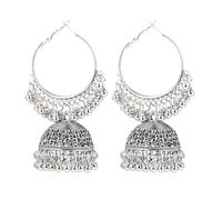 Silver Bell Dangle Drop Earrings for Women Big Vintage Boho Jhumki Jingling Beaded Tassel Hoop Earring Bohemian Indian Chandelier Lightweight Ethnic Jewelry Gifts