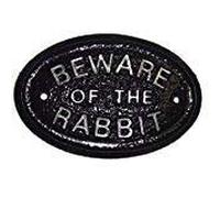 Silver Beware of the Rabbit Garden Wall Plaque Sign in Black with Silver Raised Lettering