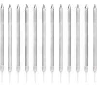 Silver Birthday Candles for Cakes,12 Pieces Metallic Glitter Cake Candles Tall Birthday Cake Candles with Holder for Birthday Wedding Party Decoration (Silver)