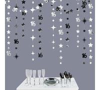 Silver Black 16th Birthday Decorations Number 16 Circle Dot Twinkle Star Garland Banner Backdrop for Girls Boys Happy 16th Birthday Sweet Sixteen 16th Anniversary Cheers to 16 Years Party Decor