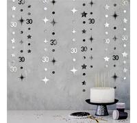 Silver Black 30th Birthday Decorations Number 30 Circle Dot Twinkle Star Garland Metallic Streamer Bunting Banner Backdrop for Mens Womens Happy Dirty 30 Year Old Thirty Anniversary Party Supplies