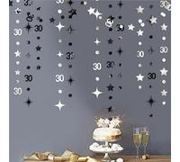Silver Black 30th Birthday Decorations Number 30 Circle Dot Twinkle Star Garland Metallic Streamer Bunting Banner Backdrop for Mens Womens Happy Dirty 30 Year Old Thirty Anniversary Party Supplies