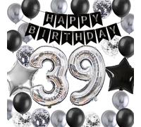 Silver Black 39th Birthday Decorations, 39th Birthday Banner Latex Confetti Balloons, Number 39 Star Foil Balloons for 39 Years Old Men Him Husband Anniversary Party Decor Supplies(39th)