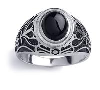 Silver Black Oval Onyx Carved Cabochon Signet Ring - GVR746 Jewelco London White V
