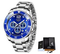 (Silver Blue) LIGE Mens Watches Top Brand Luxury Clock Casual Stainless Steel 24 Hour Moon Phase Men Watch Sport Waterproof Quartz Chronograph