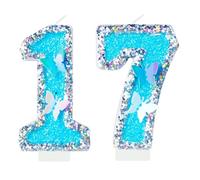 Silver Blue Number 17 Candles for Cake, 17th Birthday Cake Decorations with Butterfly Toppers