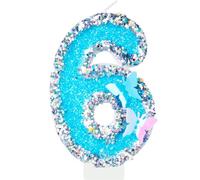 Silver Blue Number 6 Candles, 6th Birthday Cake Decorations - Butterfly Theme Party Toppers