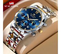 (silver,blue) VA VA VOOM Quartz Watch Men Top Brand High Quality Stainless Steel 30M Waterproof Luminous Date Week Sports Business Wristwatches