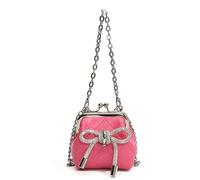 Silver Bow Purse Quilted Kiss Lock Evening Bag with Rhinestone Bow and Chain Strap Sparkling(Hot Pink)