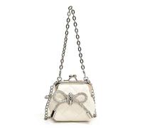 Silver Bow Purse Quilted Kiss Lock Evening Bag with Rhinestone Bow and Chain Strap Sparkling(White)
