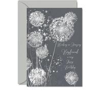Silver Boyfriend Birthday Card - Shimmering Dandelions - Happy Birthday Card for Boyfriend from Girlfriend Partner, 5x7 Inch Silver Elegant and Modern Bday Greeting Cards