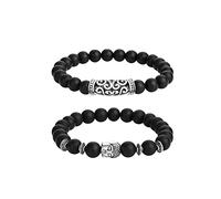 Silver Bracelets For Women 2pcs/ set Buddha Beads Bracelet For Women Men Black Lava Tiger Eyes Stone Bracelets Charm Bangles Buddhism Jewelry (Black, One Size)