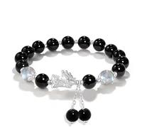 ,Silver BraceletWealth Black Carnelian Stone Jewelry Pi Yao Charm Stone Bangle Chakra Balancing Gems Prosperity Money Windfall