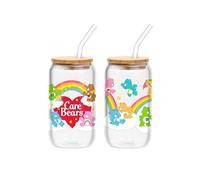 Silver Buffalo Care Bears Featuring Tenderheart, Cheer, Bedtime, Good Luck, Wish, Love-A-Lot, and Birthday Bear 2 Pack Glass Jar Tumbler with Bamboo Lid and Glass Straw, 16 Ounces