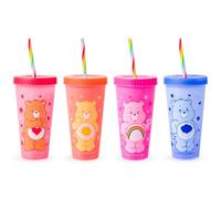 Silver Buffalo Care Bears Hearts and Stars 4 Pack Plastic Color Changing Tumblers with Rainbow Swirl Straws Featuring Tenderheart, Funshine, Cheer, and Grumpy Bear 24 Ounces